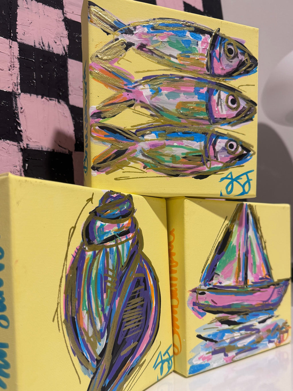 Coastal 3pc Mini Canvas Bundle – Hand-Painted Fish, Shell & Sailboat (6x6 Each)