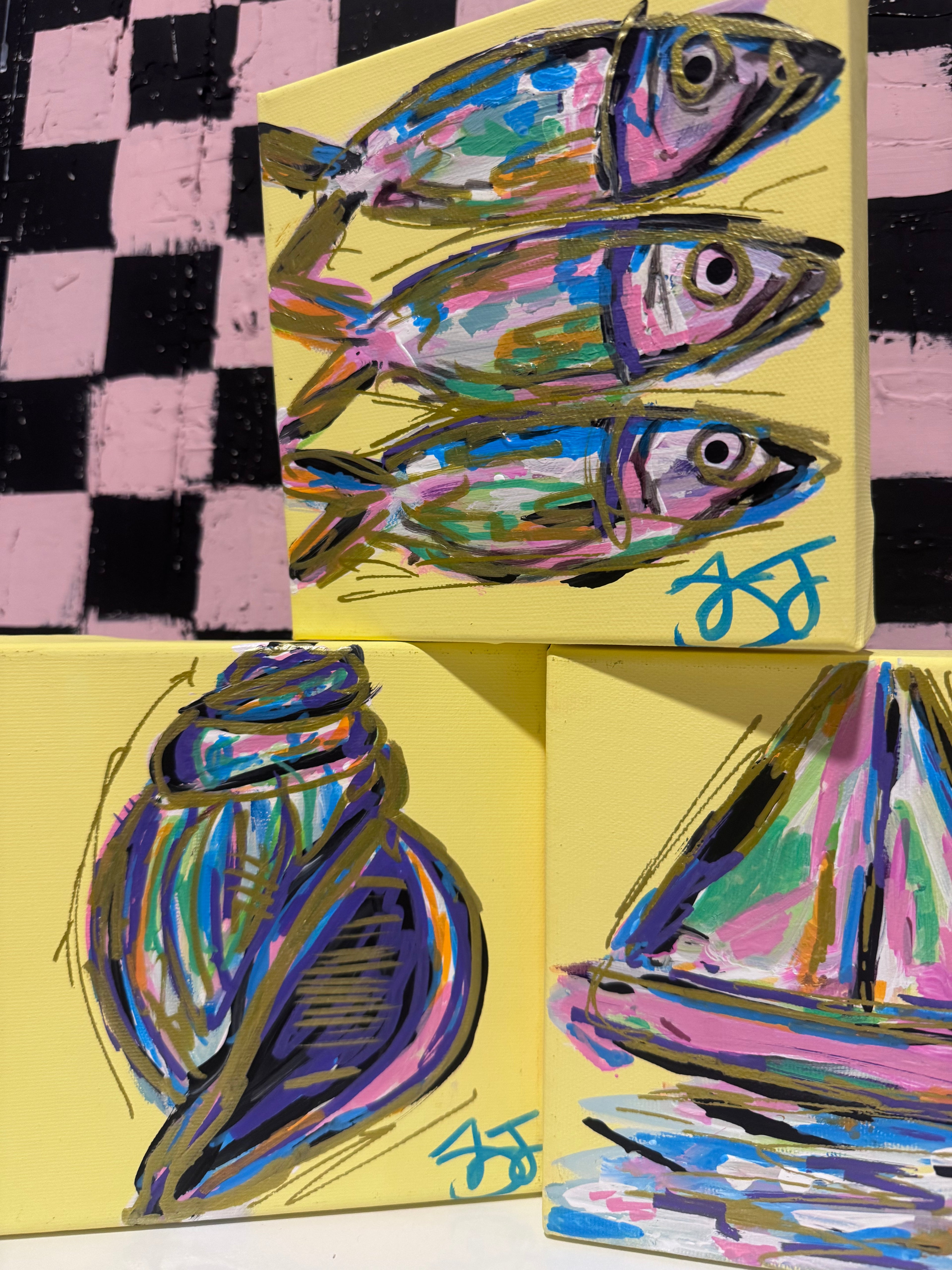 Coastal 3pc Mini Canvas Bundle – Hand-Painted Fish, Shell & Sailboat (6x6 Each)