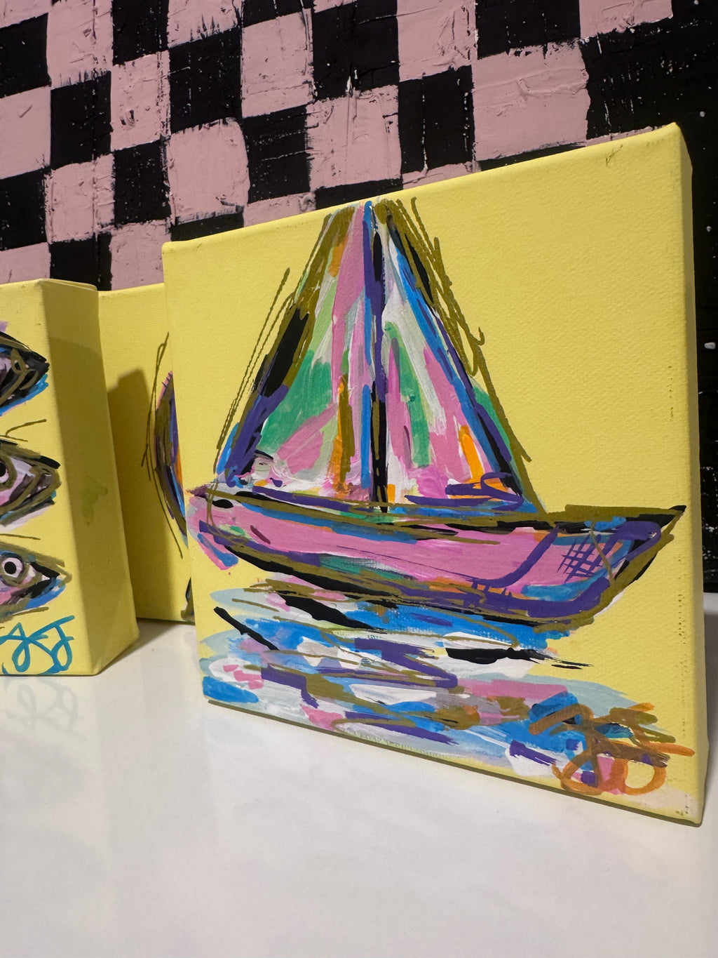 Coastal 3pc Mini Canvas Bundle – Hand-Painted Fish, Shell & Sailboat (6x6 Each)